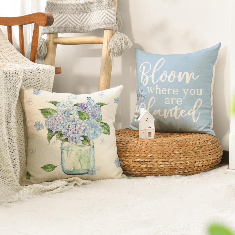 4pcs Spring Bloom Where You Are Planted Hydrangea Vase Throw Pillow Covers Enjoy The Little Things Blue Summer Cushion Case Decoration