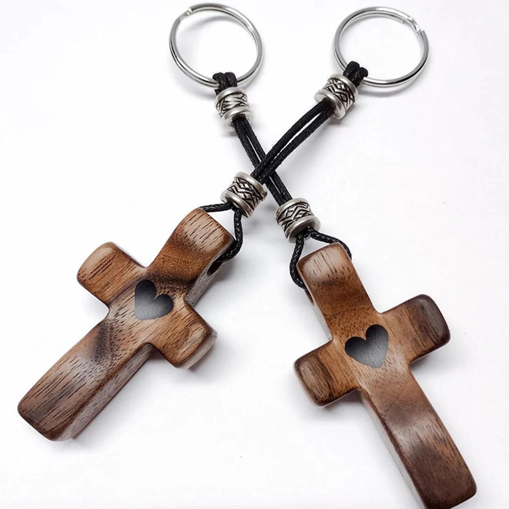 Walnut Wood Cross Keychain Heart-Shaped Pendant Wooden Handmade Keychain Religious Christian Prayer Guarding Get Rid Of Worries