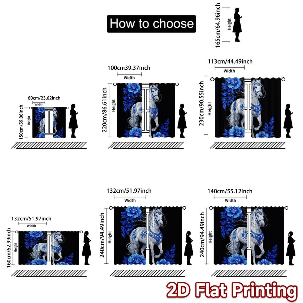 2D FLAT PRINTING 2pcs Curtains (Without Rod) Blue Floral Horse Design Chic Curtain Fabric Prints Light Filtering Curtains