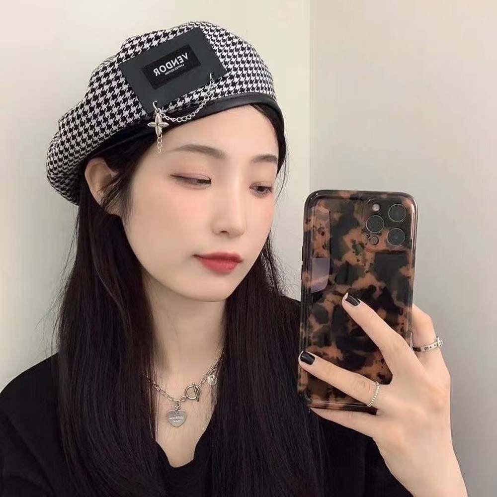 All-match PU Leather Leather Label Chain Women Berets Painter Hat Korean Style Hat Houndstooth