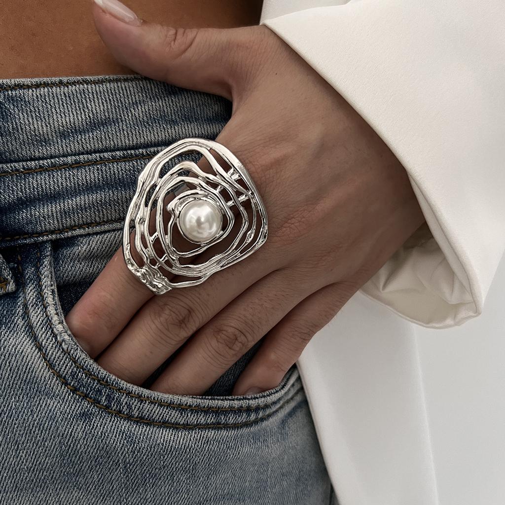 Punk Exaggerated Irregular Metal Wide Open Adjustable Rings for Women Imitation Pearl Geometric Finger Rings Men Jewelry
