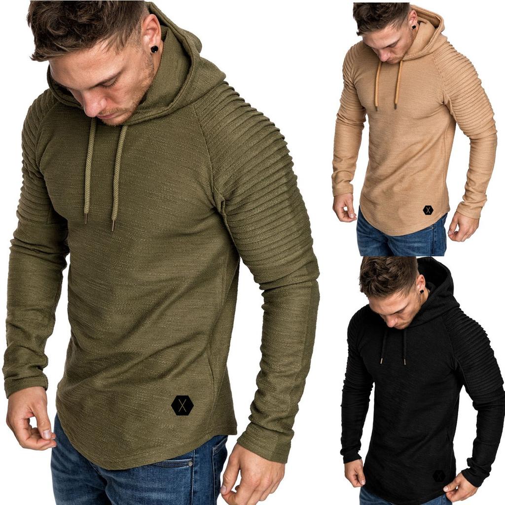 Men's Slim Fit Solid Color Hooded Long Sleeve T-Shirt Striped Pleated Shoulder Sleeve Hooded European and American Men's Clothing