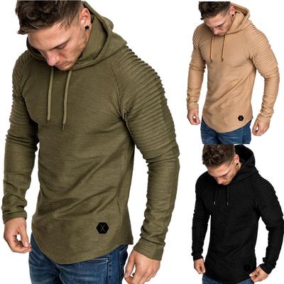 Men's Slim Fit Solid Color Hooded Long Sleeve T-Shirt Striped Pleated Shoulder Sleeve Hooded European and American Men's Clothing