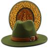 Autumn and winter new leopard print woolen top hat outdoor big edge warm felt hat belt British style jazz hat Wish