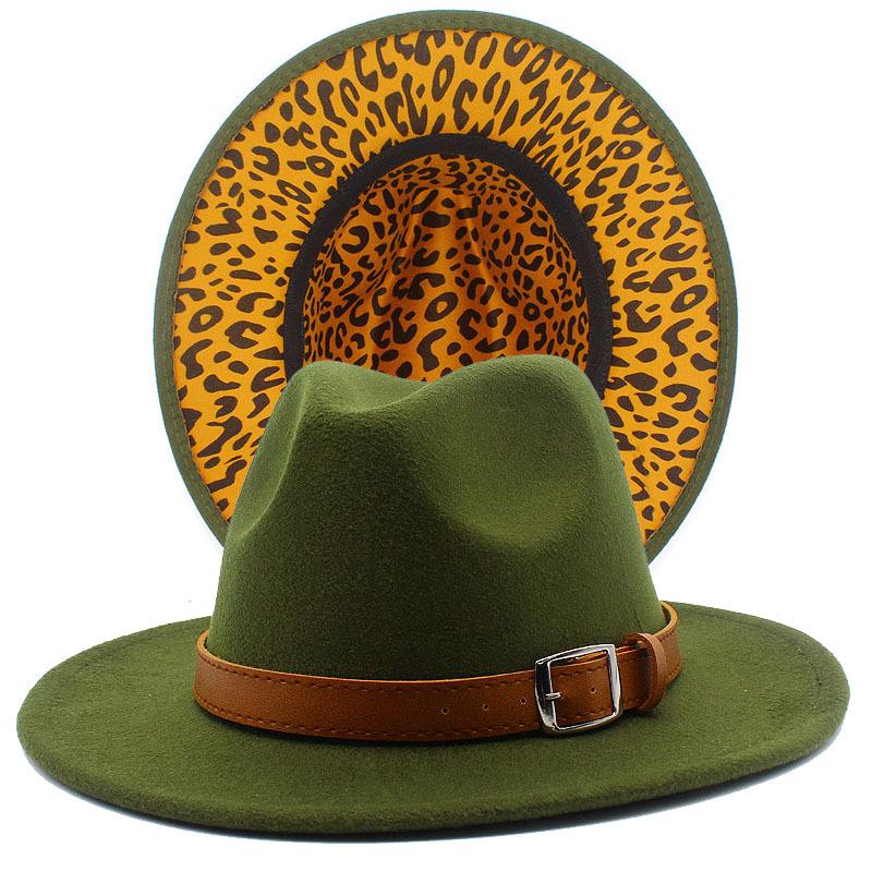 Autumn and winter new leopard print woolen top hat outdoor big edge warm felt hat belt British style jazz hat Wish