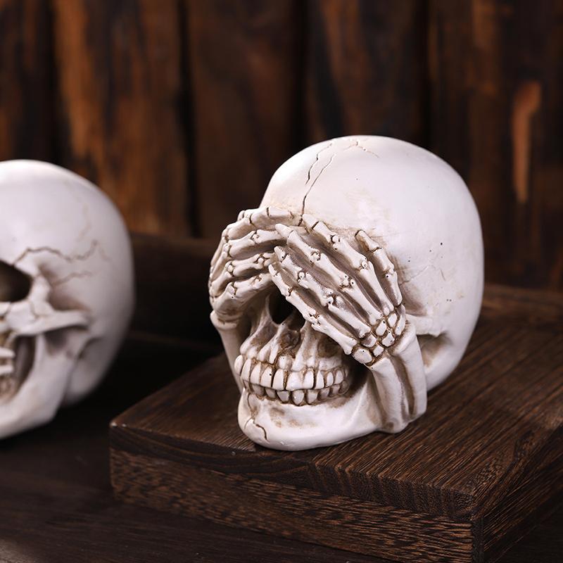 Skulls Figurine No Evil Resin Human Skull Statue Head Sculptures Skull Collectible Halloween Funny Skull Home Decor