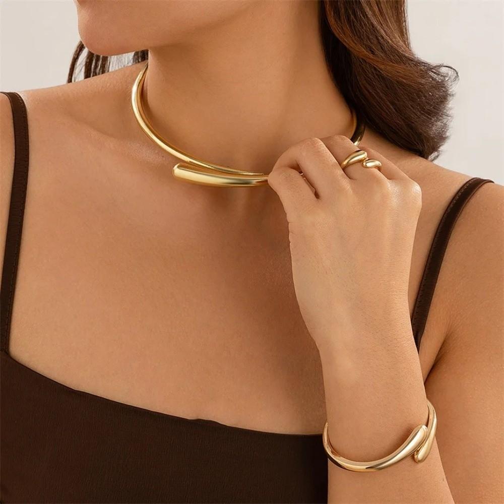 Metal Open Cuff Bangle Adjustable Women Rings Fashion Choker Necklace Party Grunge Jewelry Set
