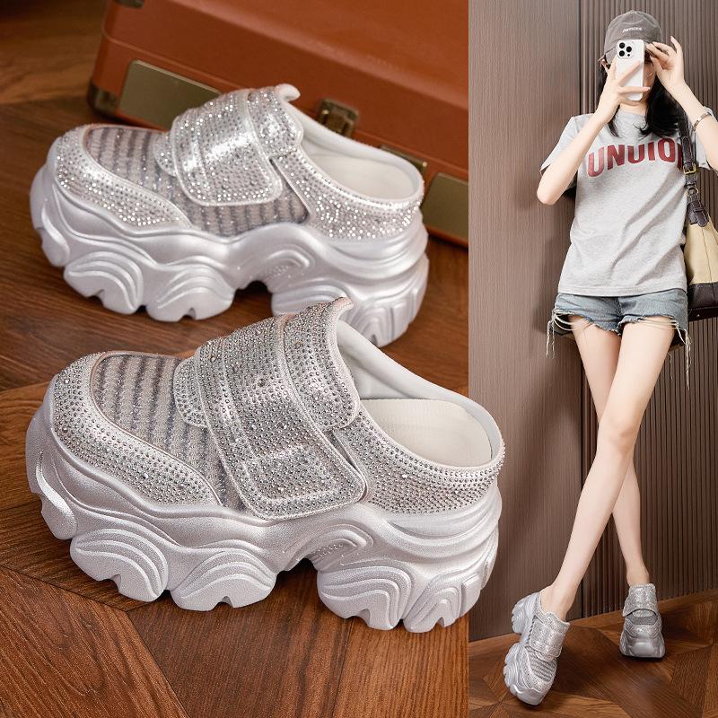 thick-soled half-slippers women's summer new versatile bag head outer wear sandals rhinestone stepping on shit feeling inner height increase 