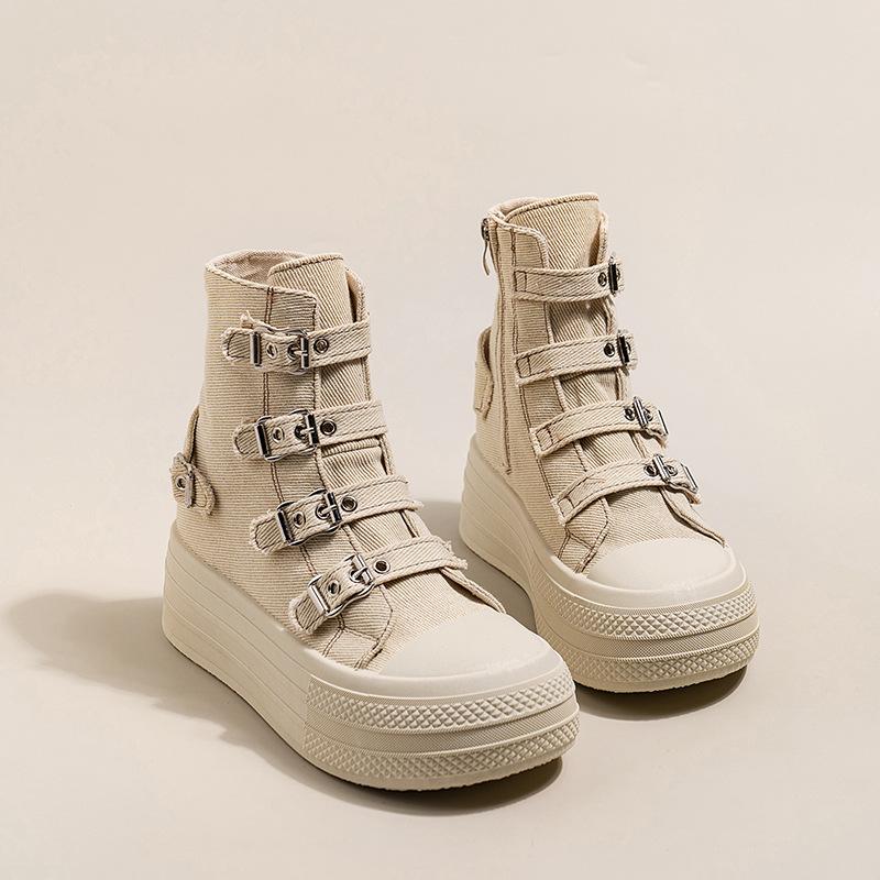 2025 Frühling und Herbst dicksohlige erhöhte kurze Canvas-Stiefel Französisch lässig atmungsaktiv Schnalle Damen Einzelschuhe erhöht dicksohlig 40 elfenbein