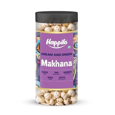 Happilo Makhana Sahne & Zwiebel Glas 80g, geröstete Wassernüsse, gesunder Snack, kalorienarm, glutenfrei und vegan