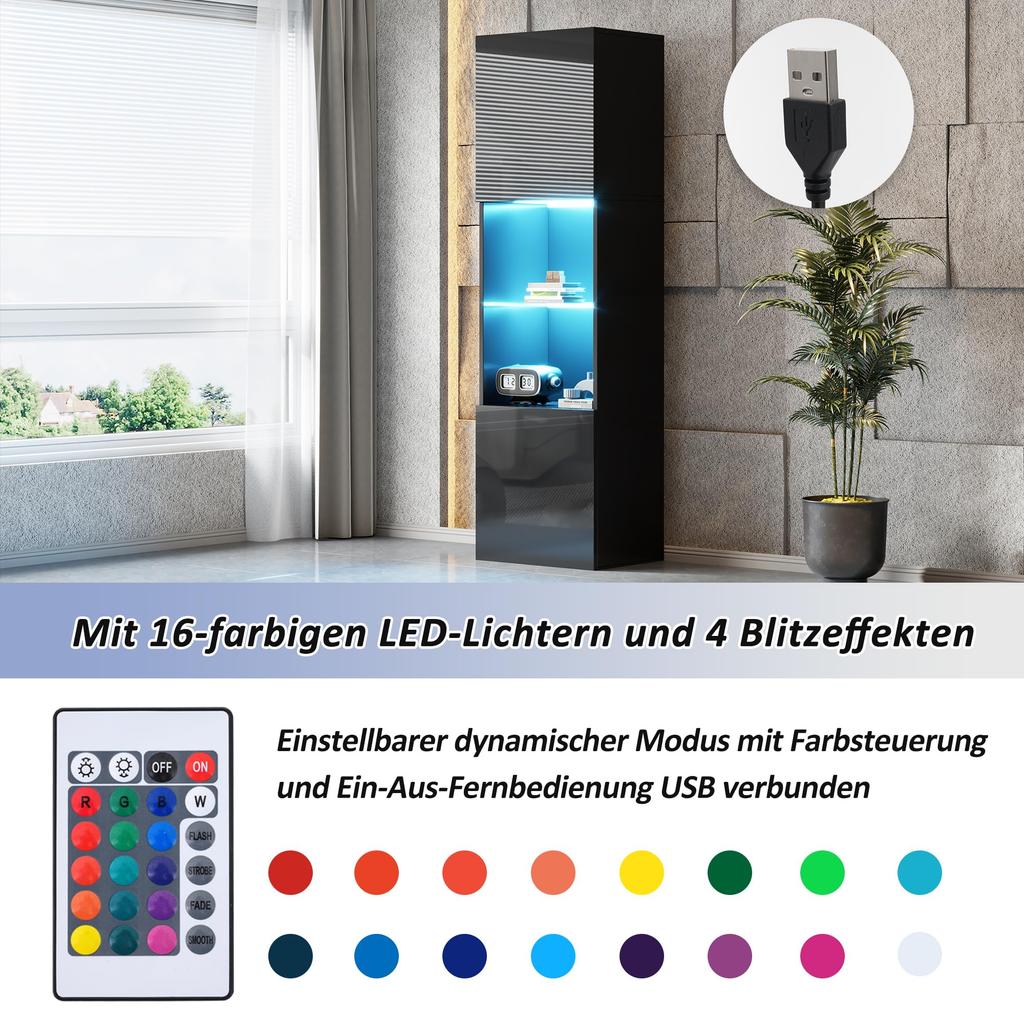 160cm, Glasvitrine Schwarz Hochglanz - Moderne Kommode viel Stauraum, Hochschrank Highboard, Schrank Wohnzimmer Küche Esszimmer Büro