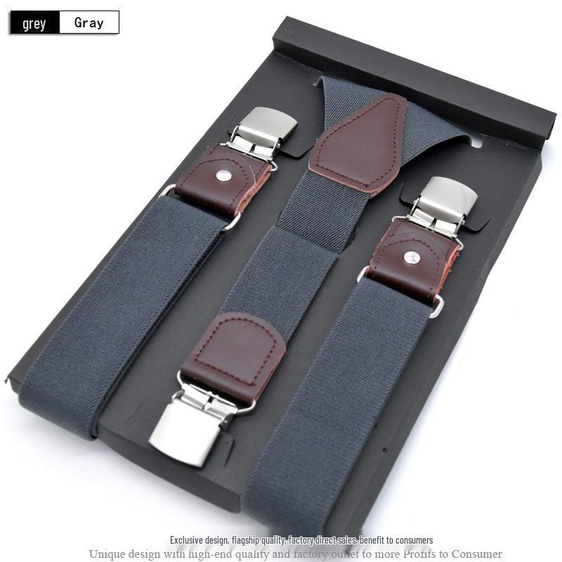 European-Style Plaid Suspenders with Leather Accents and Three-Clip Design