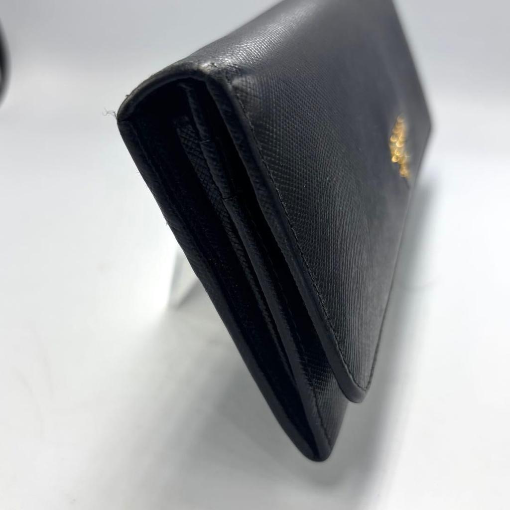 Used PRADA Saffiano Leather Long Wallet Black Gold Hardware With Box and Card