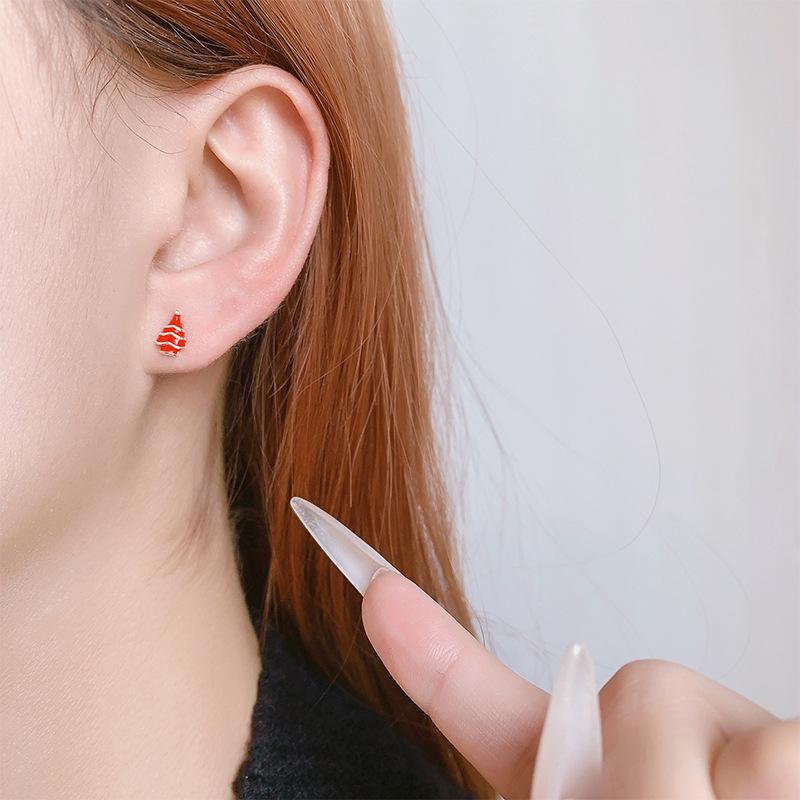 Fashiona And Personality Red Christmas Tree 925 Sterling Silver Temperament Simple Compact Earrings E008