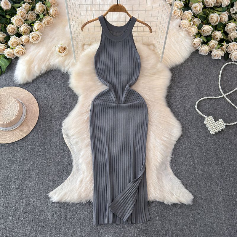 

Модное сексуальное платье без рукавов, вязаное, женское, летнее, с облегающей талией, стройнящее, однотонное, стильное, нишевого стиля, красивое платье Gray One size