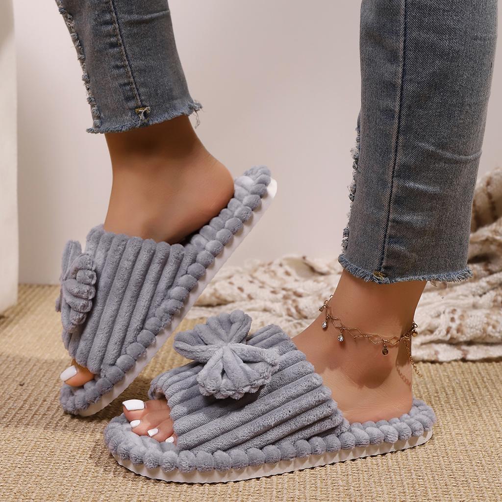 Warme Hausschuhe mit Schleifendekor, lässige Plüschschuhe mit offener Spitze, bequeme Hausschuhe