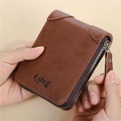 Men Vintage PU Leather Wallet Zipper Trifold Wallet Short Wallet Multi Card Holder Coin Pocket ID Window Casual Business Purse