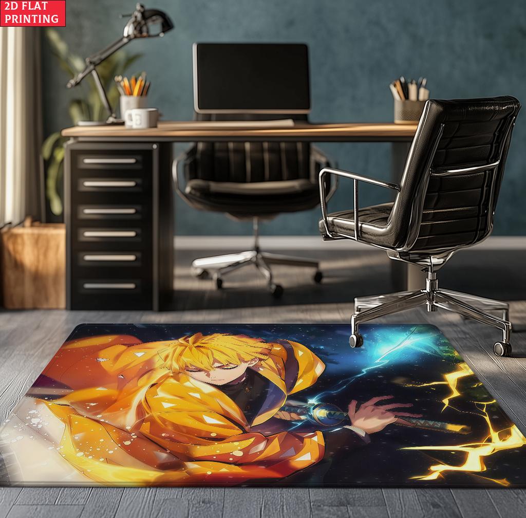 Anime Swordsman Area Rug, Blue Water Wave Theme  Floor Mat, Decorative Carpet for Gaming Room Bedroom, Washable Home Decor Gift