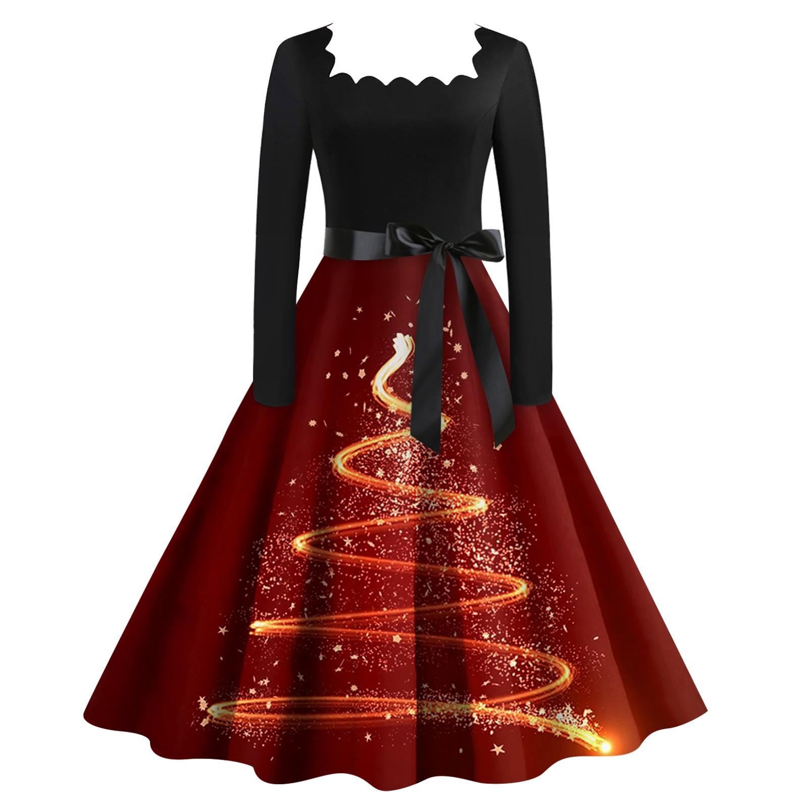 

Женское повседневное модное платье с длинными рукавами и принтом рождественской елки, повседневное платье с вырезом и квадратным вырезом XL