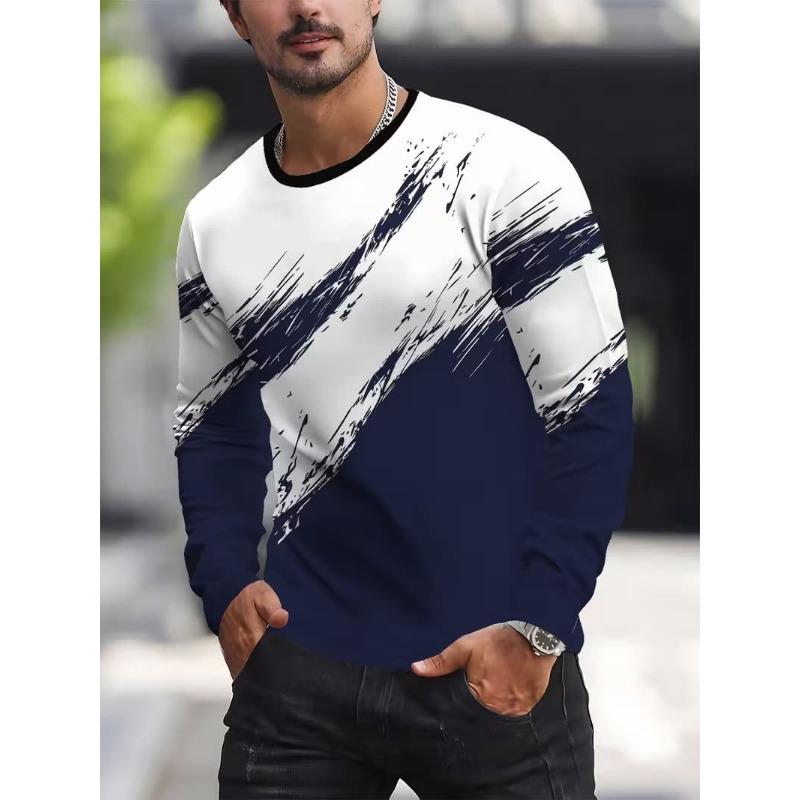 Men's 3D stripe printed long-sleeved T-shirt, comfortable, breathable and versatile men's top
