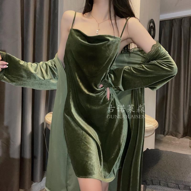 Golden velvet pajamas women's 1011 new autumn and winter pure desire suit nightdress sexy suspender lace winter winter