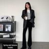 Women's High Waist Black Flared Velvet Trousers - Slim Fit, Casual, Autumn/Winter Wide Leg Pants