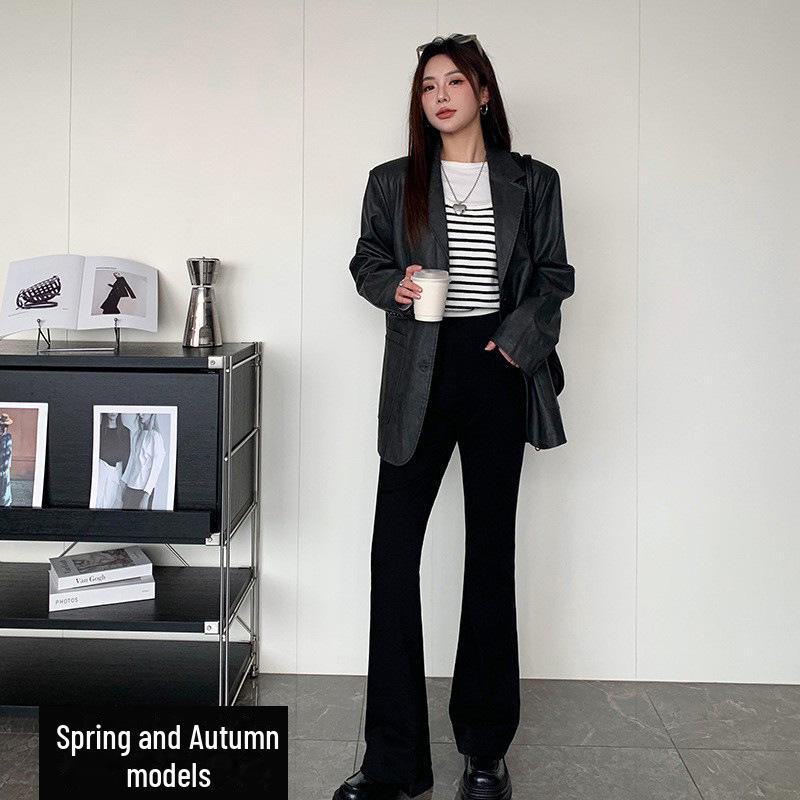 Women's High Waist Black Flared Velvet Trousers - Slim Fit, Casual, Autumn/Winter Wide Leg Pants