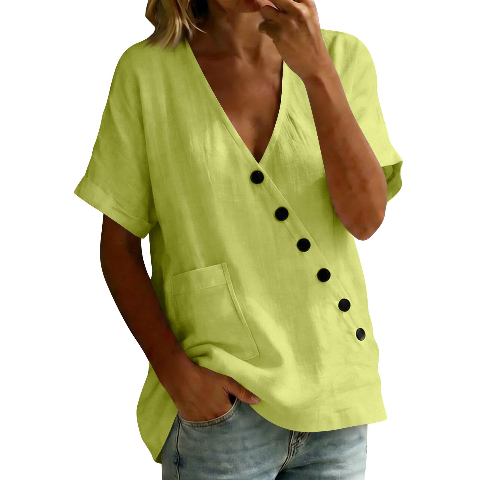 Women s Button-down V-neck Plain-colored Cotton And Linen Blouse XXL