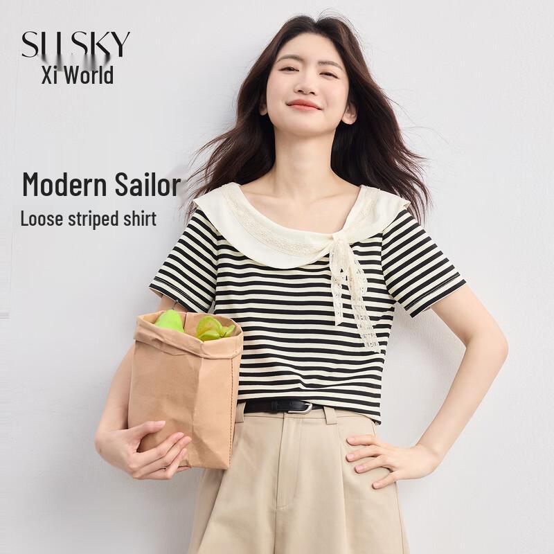French Lace Bow Striped T-shirt S