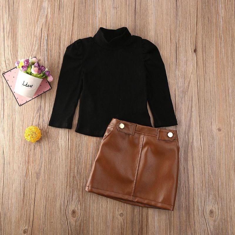 

Новый вязаный свитер для маленьких девочек + кожаная юбка, комплекты одежды 120cm чёрный