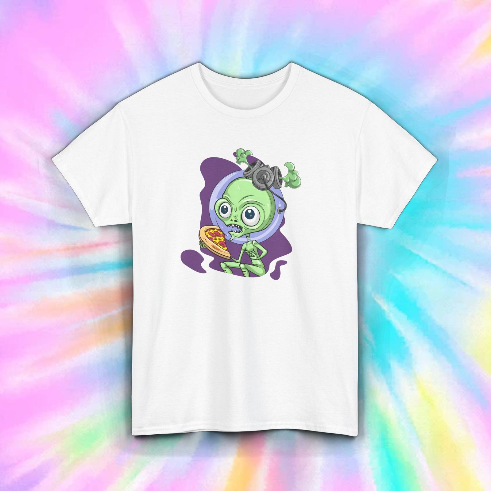 Alien Eating Pizza T-Shirt Funny Cartoon Space Foodie Tee S-5XL XXXL