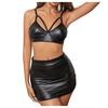 Sex Underwear Fashion European and American Large Size Flirting Sex Underwear Women's Patent Leather Black Bra Hip Skirt Set