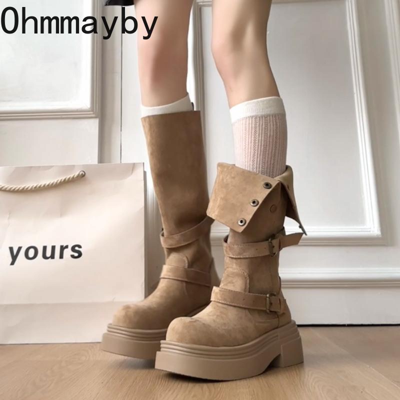Winter Fashion Belt Buckle Knee High Boots Women Platform Heels Shoes Design Elegant Knight Long Boot