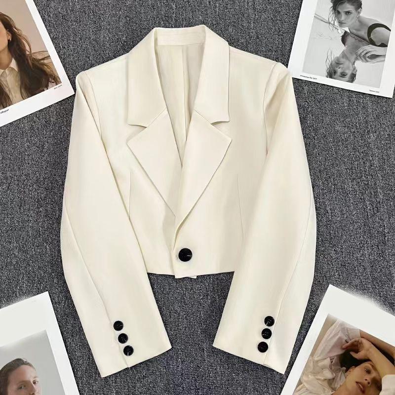Black Cropped Blazers Woman Trend All-match Notched Collar Crop Jacket Women Korean Chic Single Button Suit Coat