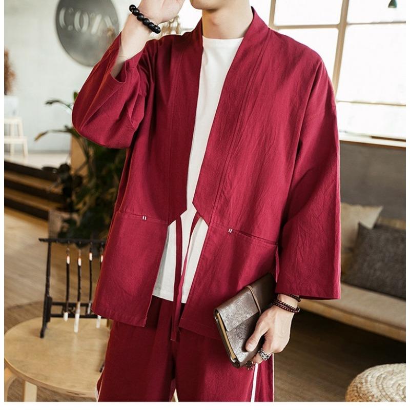 Men Chinese Style Retro Japanese Loose Open Front Cardigan Jacket Summer Outerwear