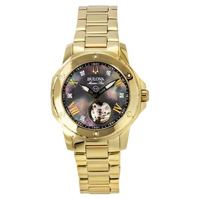Relógio Feminino Marine Star Tom Ouro Aço Inoxidável Mostrador Preto Madrepérola Automático 97P171 100M