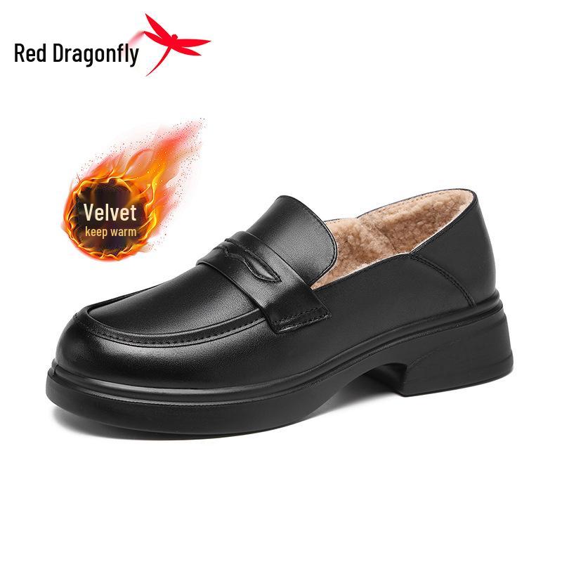 Red Dragonfly Women s Genuine Leather Fleece-Lined Loafers - Autumn/Winter Casual British Style 36
