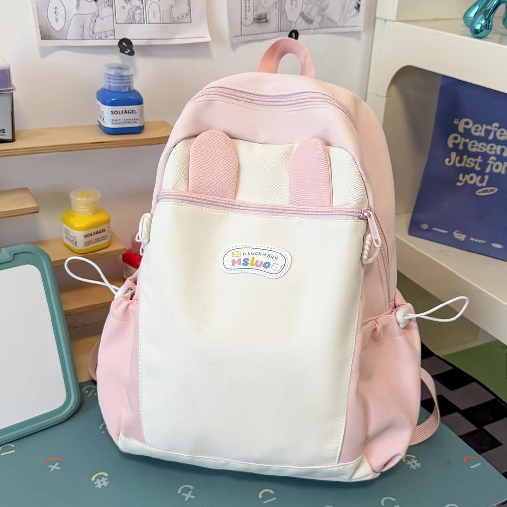 Schoolbag milk fufu color matching three-dimensional rabbit ear backpack soft cute girl holiday girlfriends travel fresh age reduction small backpack