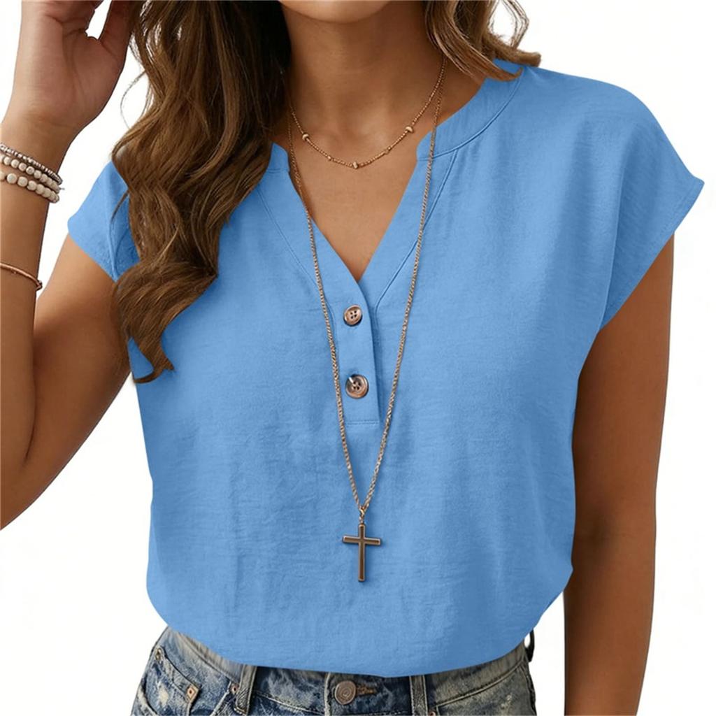 Women’s Casual Loose Fit Button Front Short Sleeve Blouse Relaxed V Neck Lightweight Top Suitable for Everyday Wear