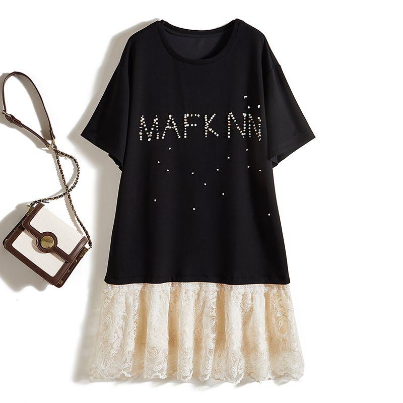 

At the Forefront of Fashion! Handmade Beads Letter round Neck Raglan Sleeve Lace Contrast Color Loose Dress Women Summer Black 3XL
