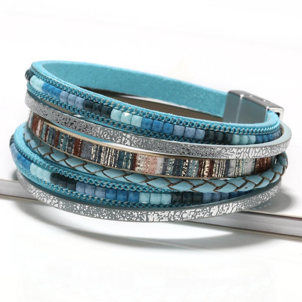 Bohemian Geometric Turquoise Beaded Multi-Layer Wrap Bracelet Adjustable Magnetic Clasp Leather Band Jewelry for Women