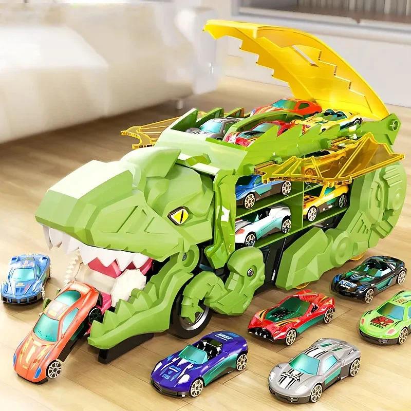 Non-Toxic New Kids Alloy Dinosaur Transport Car Toy Large Inertial Car Carrier Truck Pull Back Vehicle Animal Return Cage Game Holiday Gif