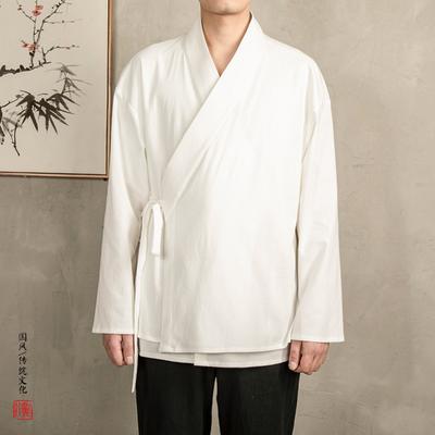 Giacca Camicia Lino Uomo Primavera 2024 Camicia Uomo Finto Doppio Strato Camicie Manica Lunga Stile Cinese Vintage Hanfu Punto Aperto Maschile