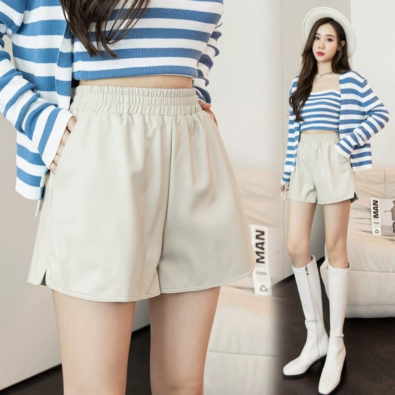 

Women s Fall Winter Outer Wear Elastic Waist High Waisted Slimming A-Line Wide Leg PU Leather Shorts Petite Base Pants Mini Shorts XS абрикосовый
