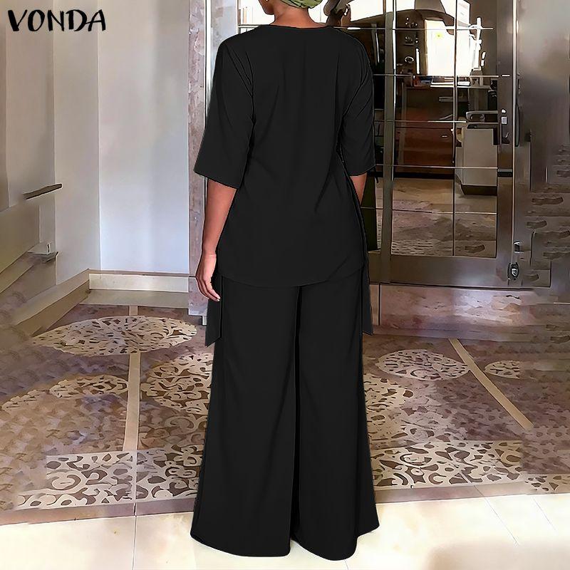 VONDA 2PCS Women 3/4 Sleeve Blouse and Pants Casual Elegant Two Piece Suit Sets