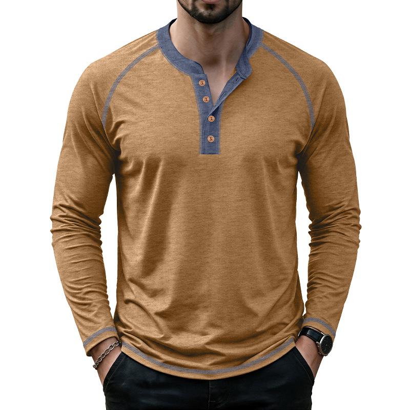 Men's Henley Long Sleeve T Shirt Raglan Color Contrast Stitching Button Placket Solid Casual Pullover Tops Spring Autumn Daily Tees