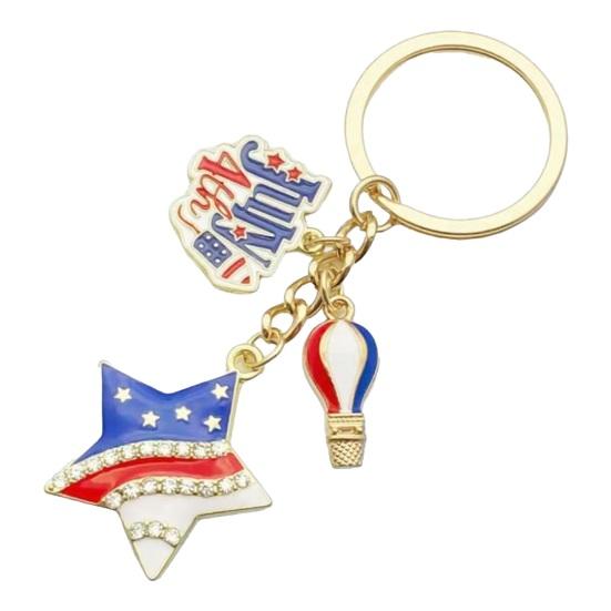Independence Day Keychain Pendant, Enamel Zinc Alloy Key Holder with USA Letters Stars Hearts Patriotic Design, American Flag Accessory