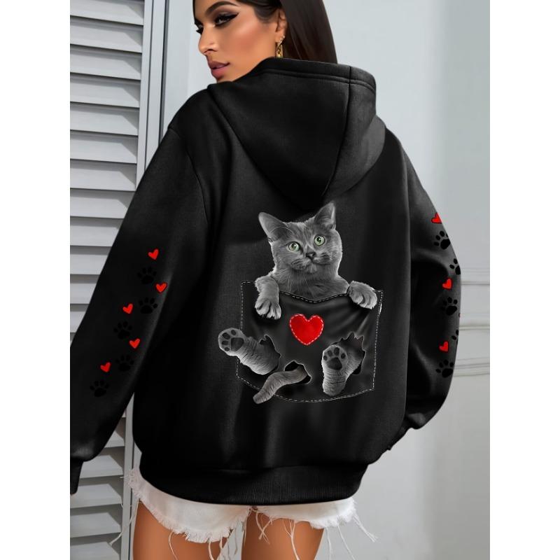 Kawaii Love Paw Cat Print Hoodies Woman Autumn Winter Y2k Streetwear Casual Hoodies Sweatshirts Tops Hoodie Pullovers