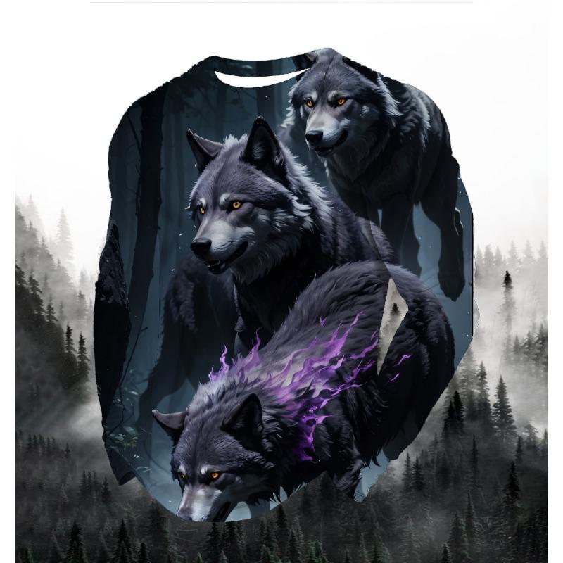 2024 Men's Fashion Print Round Neck Long Sleeve Party Autumn Sports Casual Pullover Men 3d Lonely Wolf Blue Print Tops