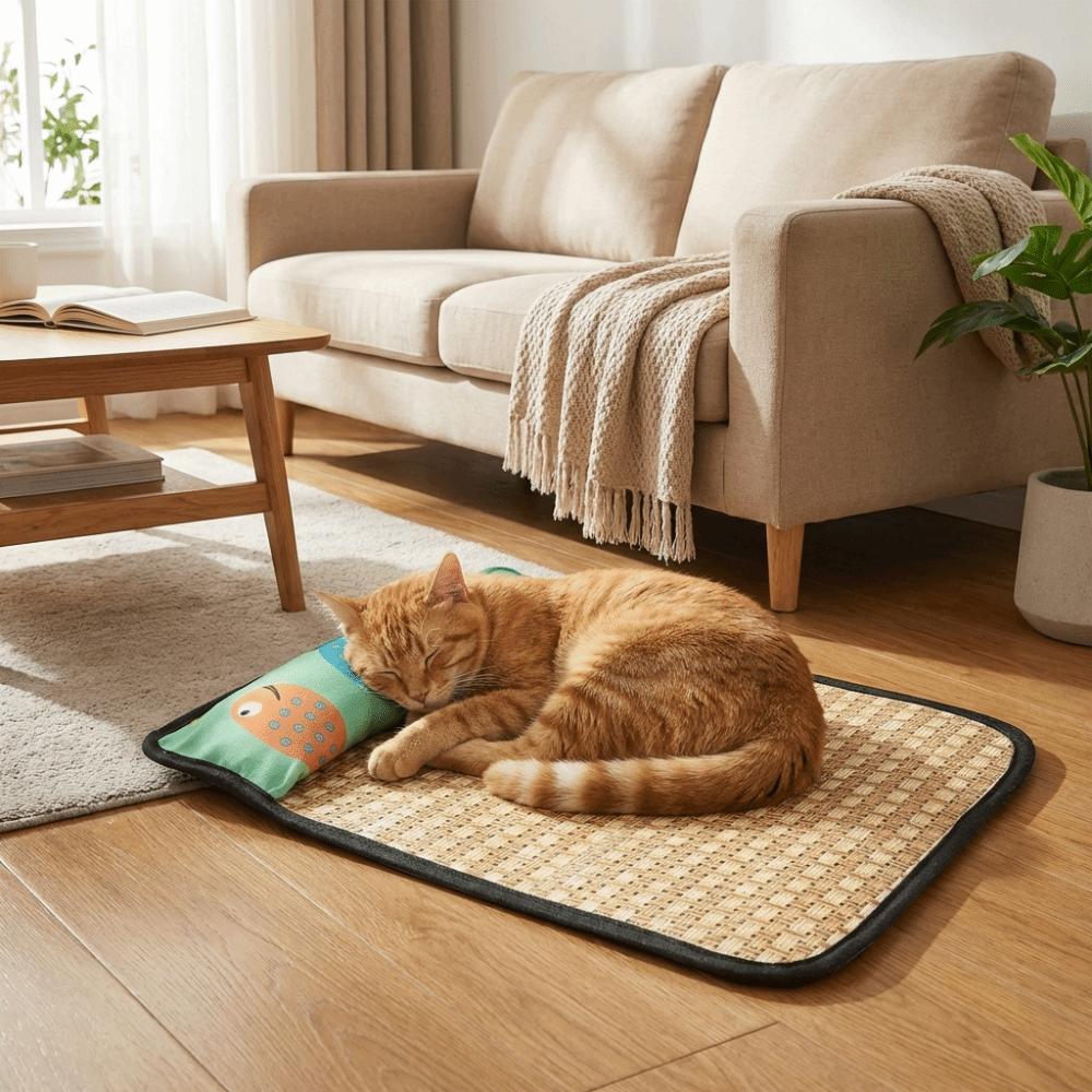 Cartoon Pattern Pet Cooling Mat Rattan Weave Cat Sleeping Mat Dog Crate Sleep Bed Crate Mat